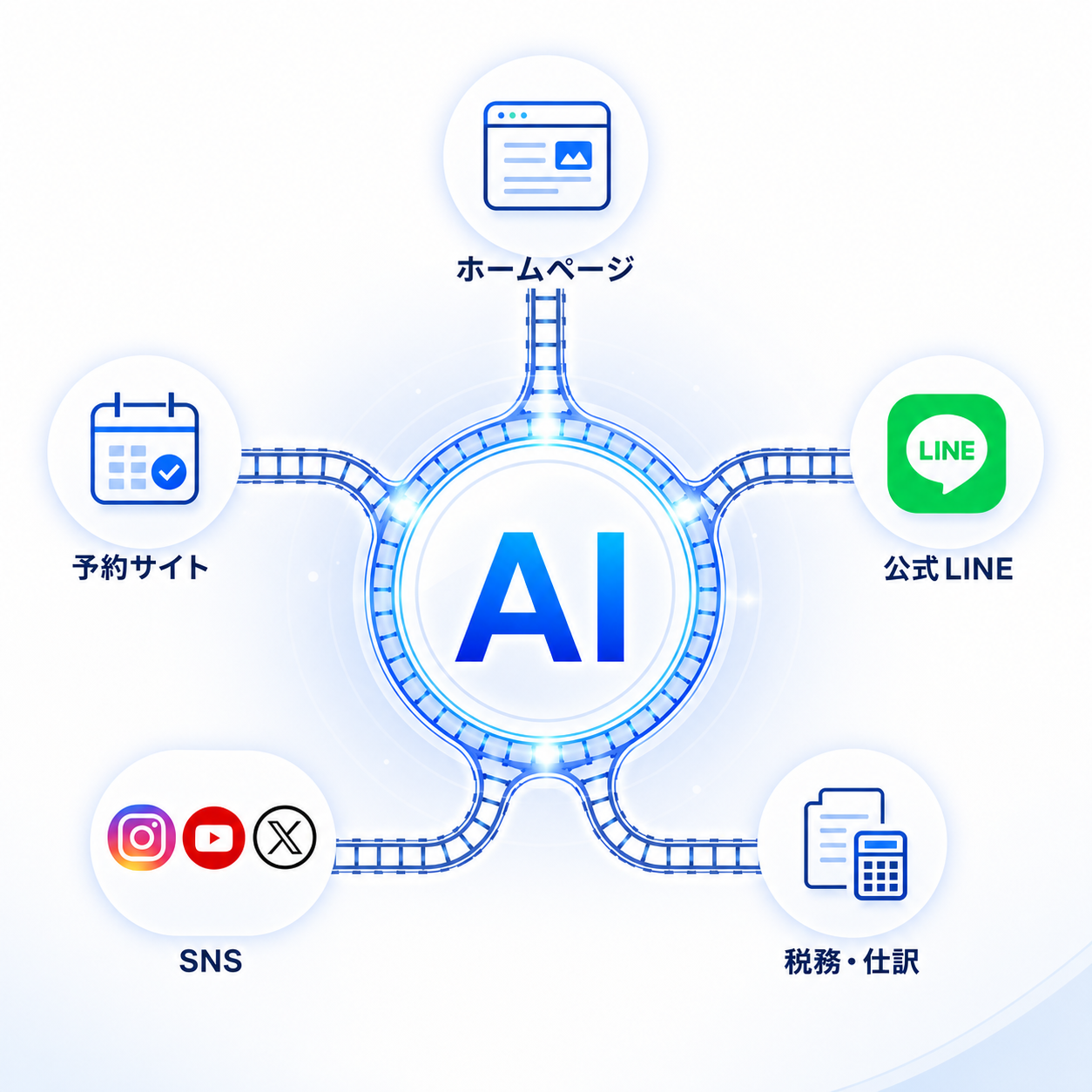 AIからホームページ、予約サイト、公式LINE、SNS、税務・仕訳へつながる業務内製化の図