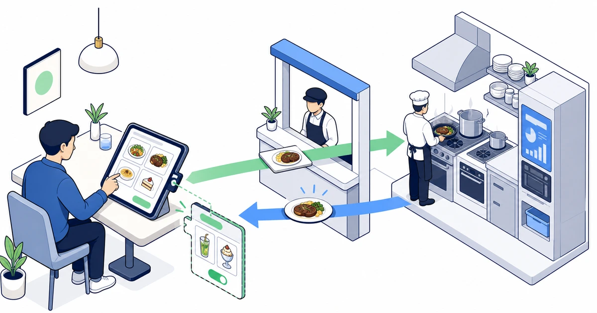 注文が厨房へ届き、料理が戻るAPIのレストラン例